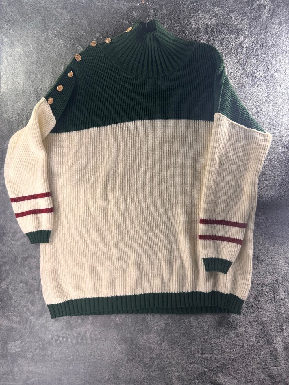 Saukole Women’s Green Ivory Color Block Turtleneck Sweater Gold Button Knit